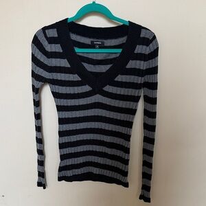 Express Black and Gray Striped V-Neck Ribbed Top
